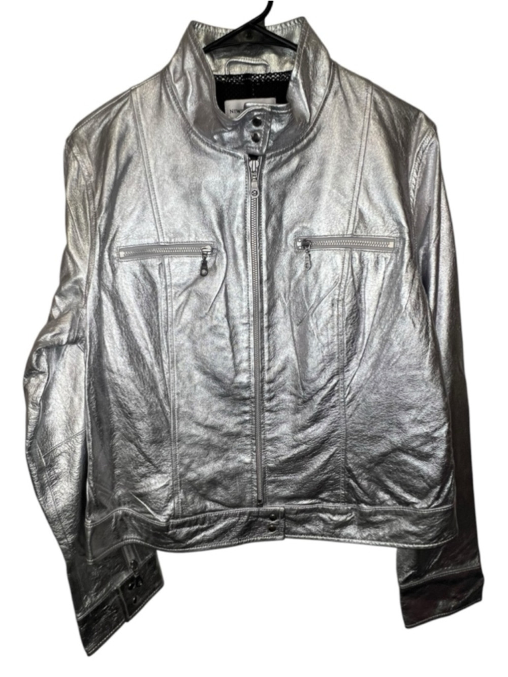 Newport News Genuine Leather Silver Metallic Zip Up Y2K Moto Jacket